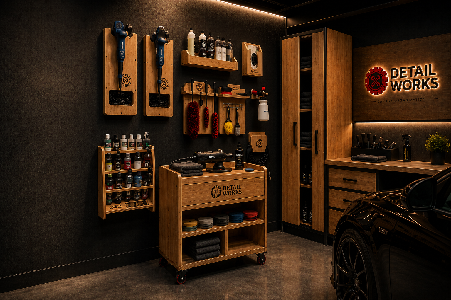 Taller premium Detail Works con organizadores de madera laqueada
